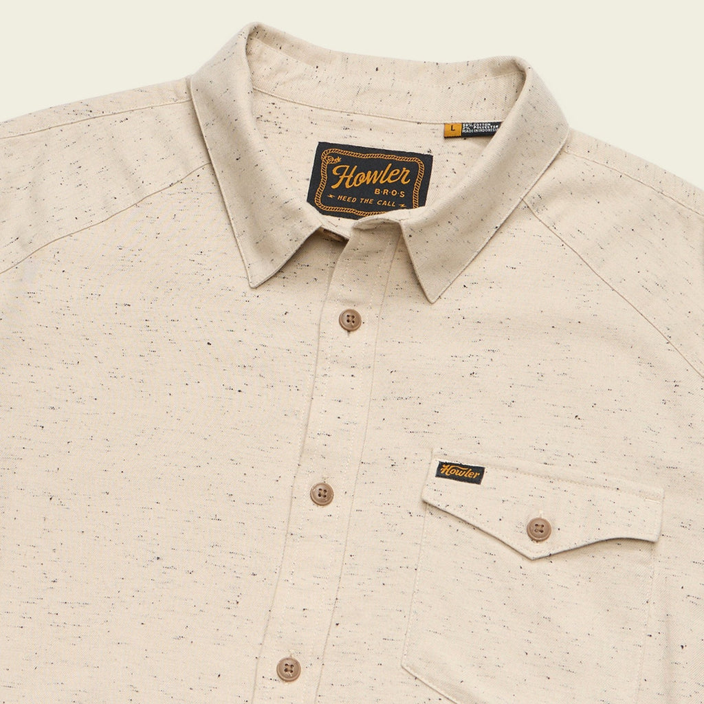 Roper's Clothing print flannel shirt in Speckled Sand, placket and yoke detail