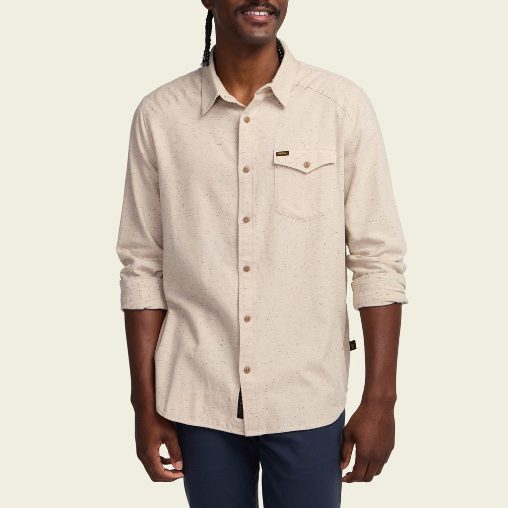 Roper's Clothing print flannel shirt in Speckled Sand, cuff and sleeve detail