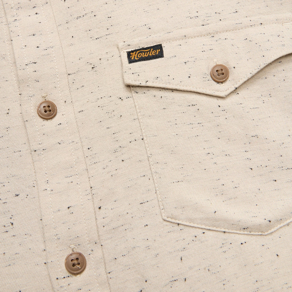 Roper's Clothing print flannel shirt in Speckled Sand, worn on model