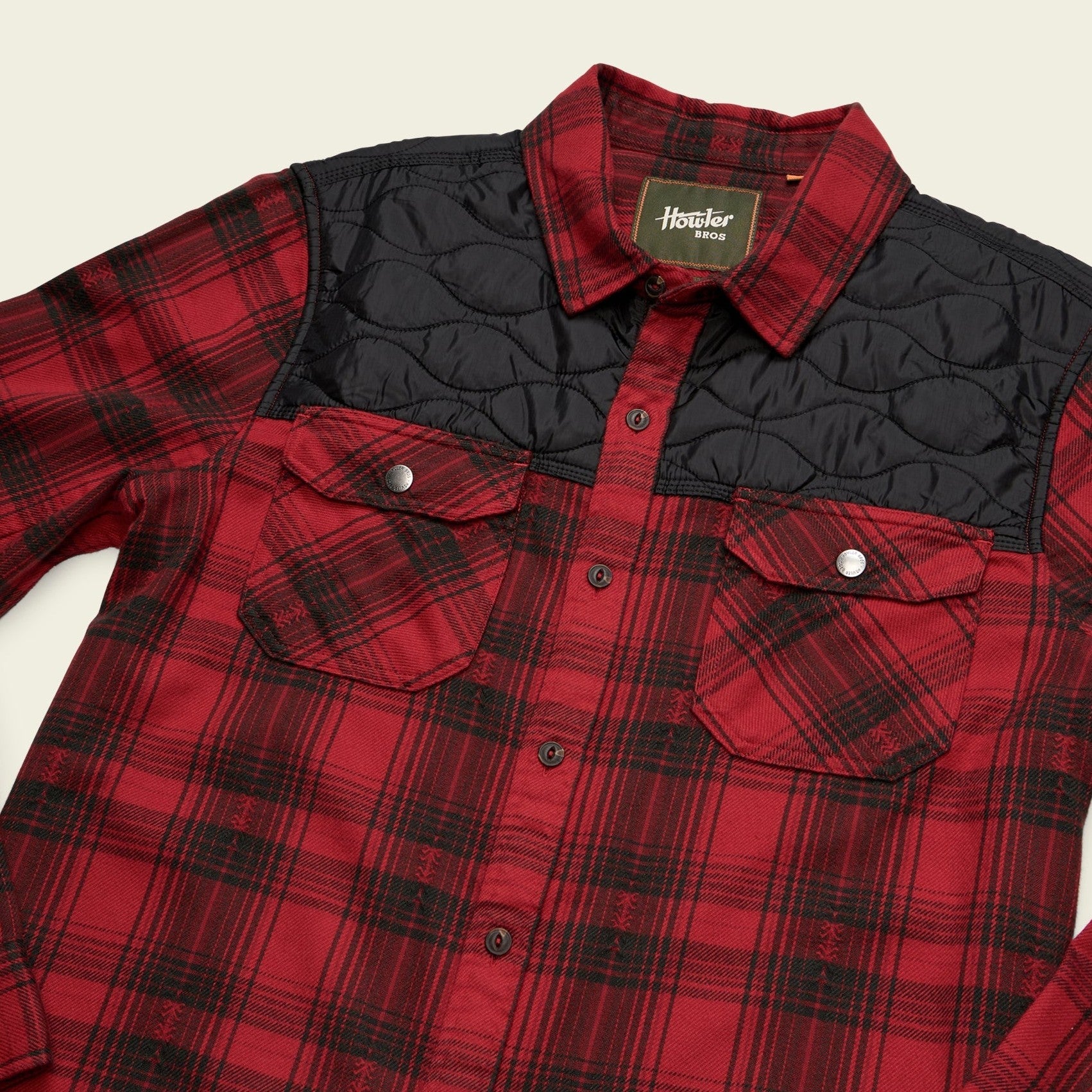 Roper's Clothing plaid flannel shirt jacket in Big Barrett Plaid: Brick Red, placket and yoke detail