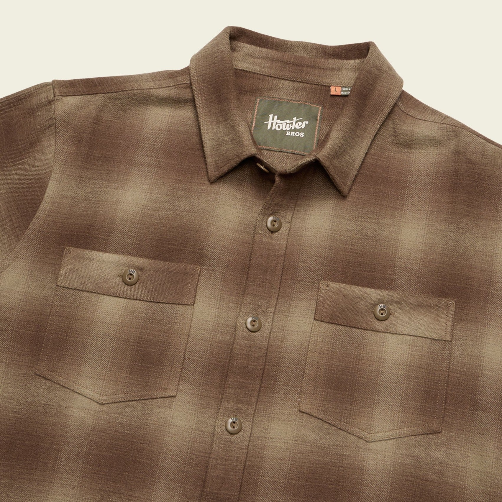 Roper's Clothing plaid flannel shirt in Emmett Plaid: Aloe, placket and yoke detail