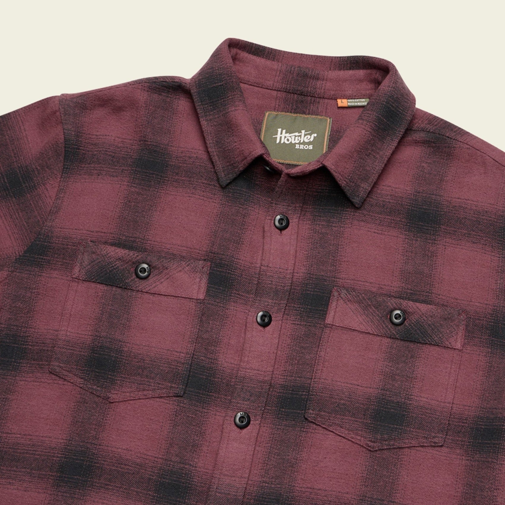 Roper's Clothing plaid flannel shirt in Emmett Plaid: Plum Wine, placket and yoke detail