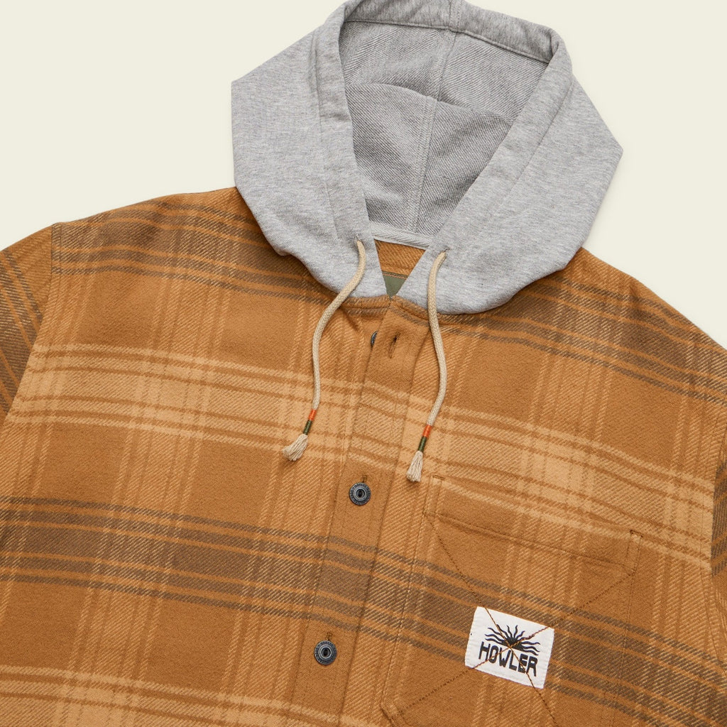 Roper's Clothing plaid hooded flannel in Mesa Plaid: Duck Brown, placket and yoke detail