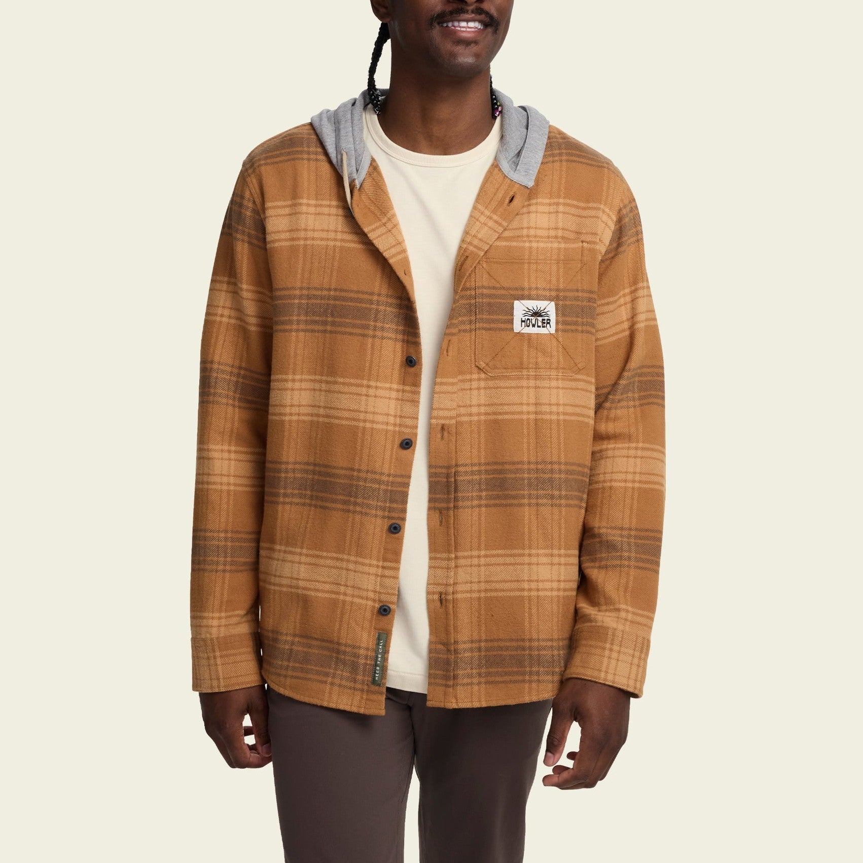 Roper's Clothing plaid hooded flannel in Mesa Plaid: Duck Brown, cuff and sleeve detail