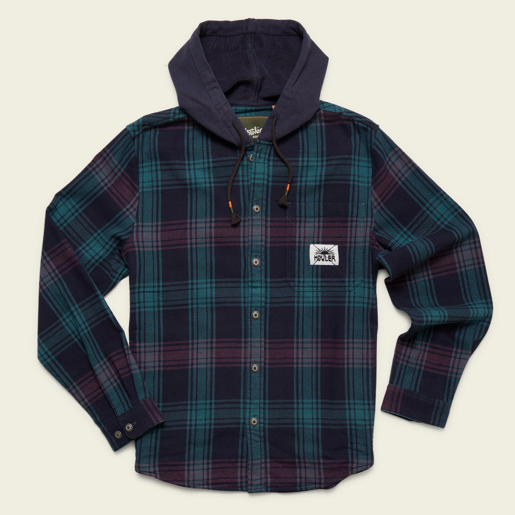 Roper's Clothing plaid hooded flannel in Mesa Plaid: Midnight, front view