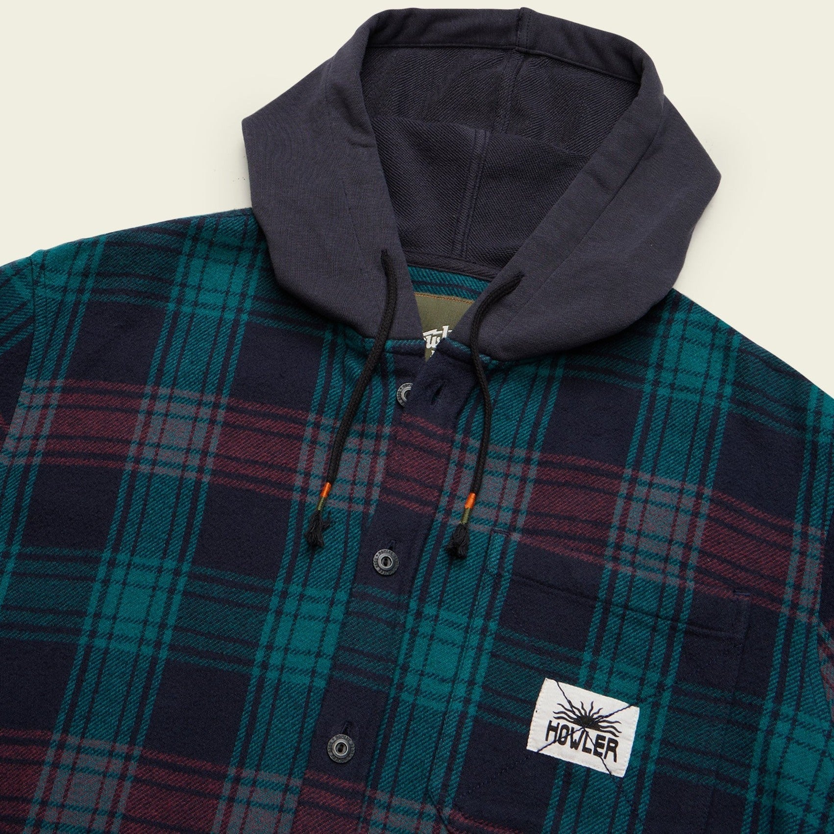 Roper's Clothing plaid hooded flannel in Mesa Plaid: Midnight, placket and yoke detail