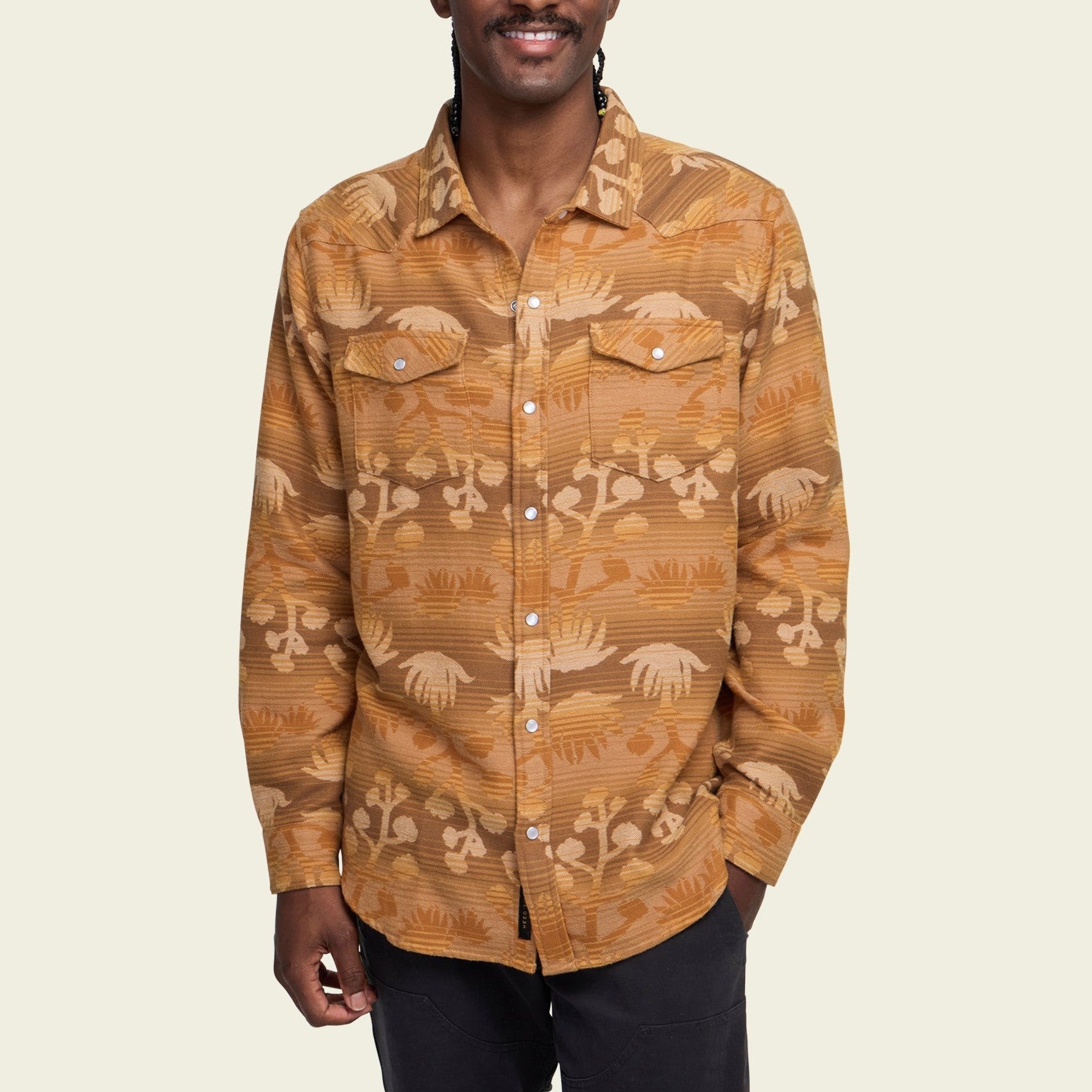 Roper's Clothing floral flannel shirt in Maguey Mirage: Camel, cuff and sleeve detail