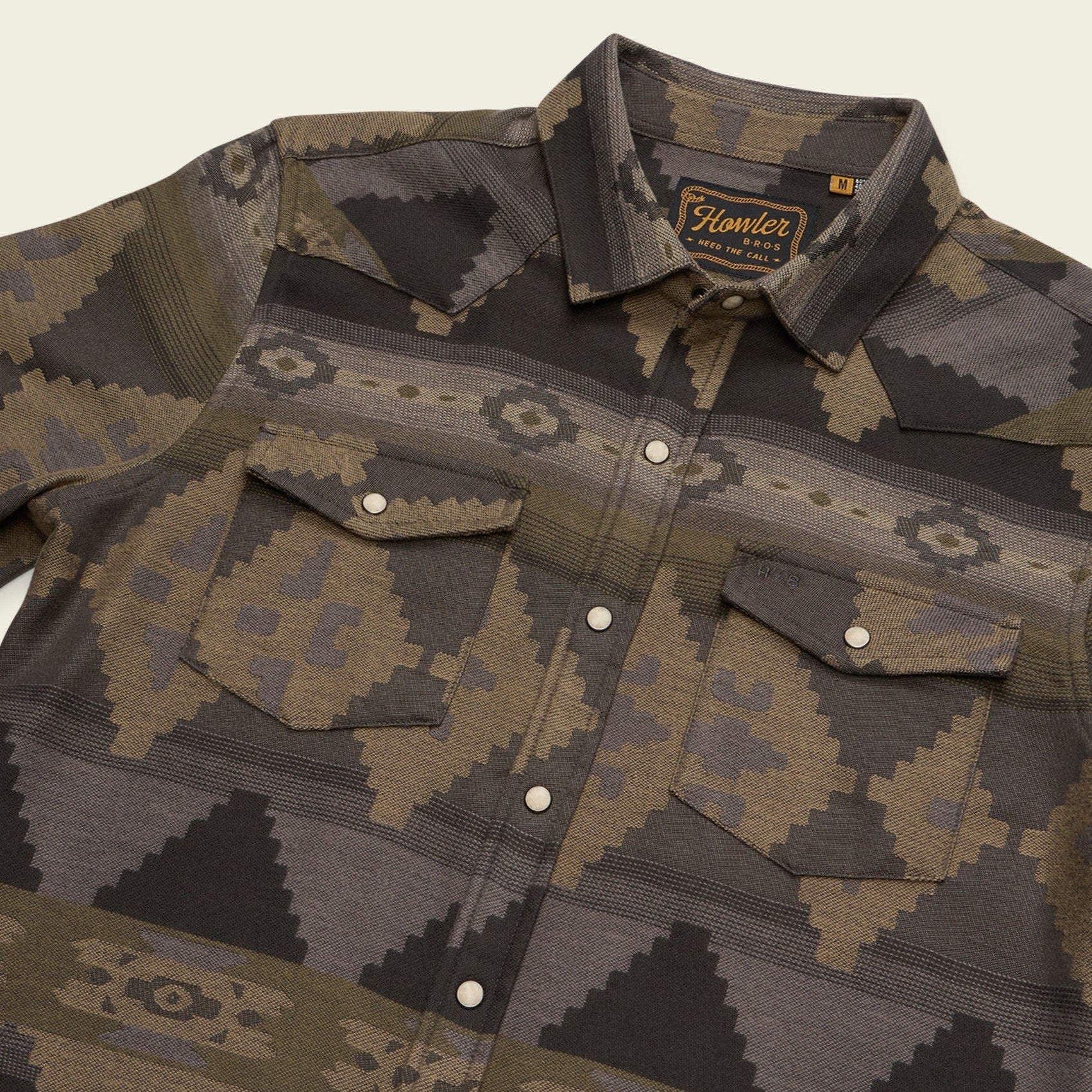 Roper's Clothing print flannel shirt in Mitla Motifs: Dusk, placket and yoke detail