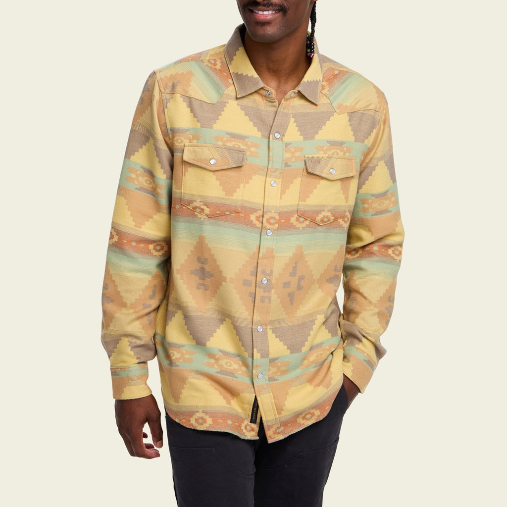 Roper's Clothing print flannel shirt in Mitla Motifs: Old Gold, cuff and sleeve detail