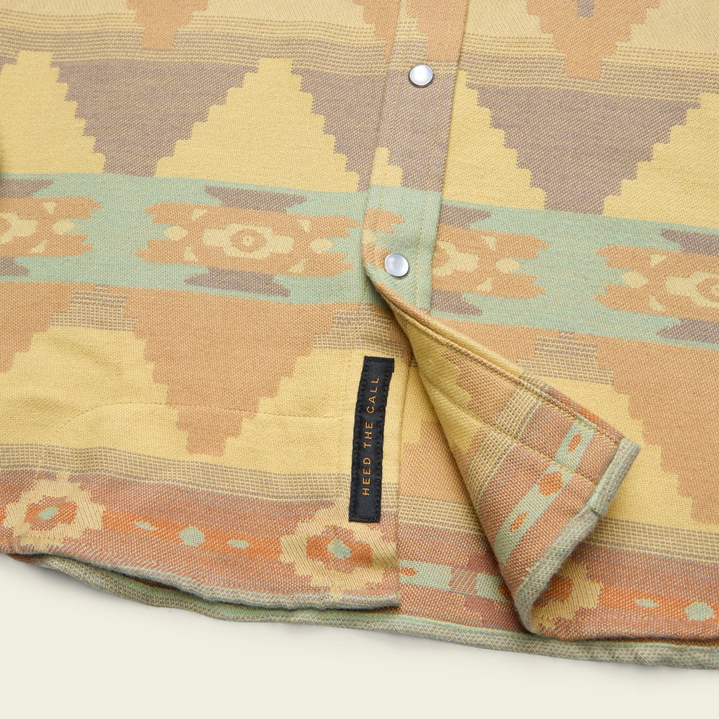 Roper's Clothing print flannel shirt in Mitla Motifs: Old Gold, worn on model