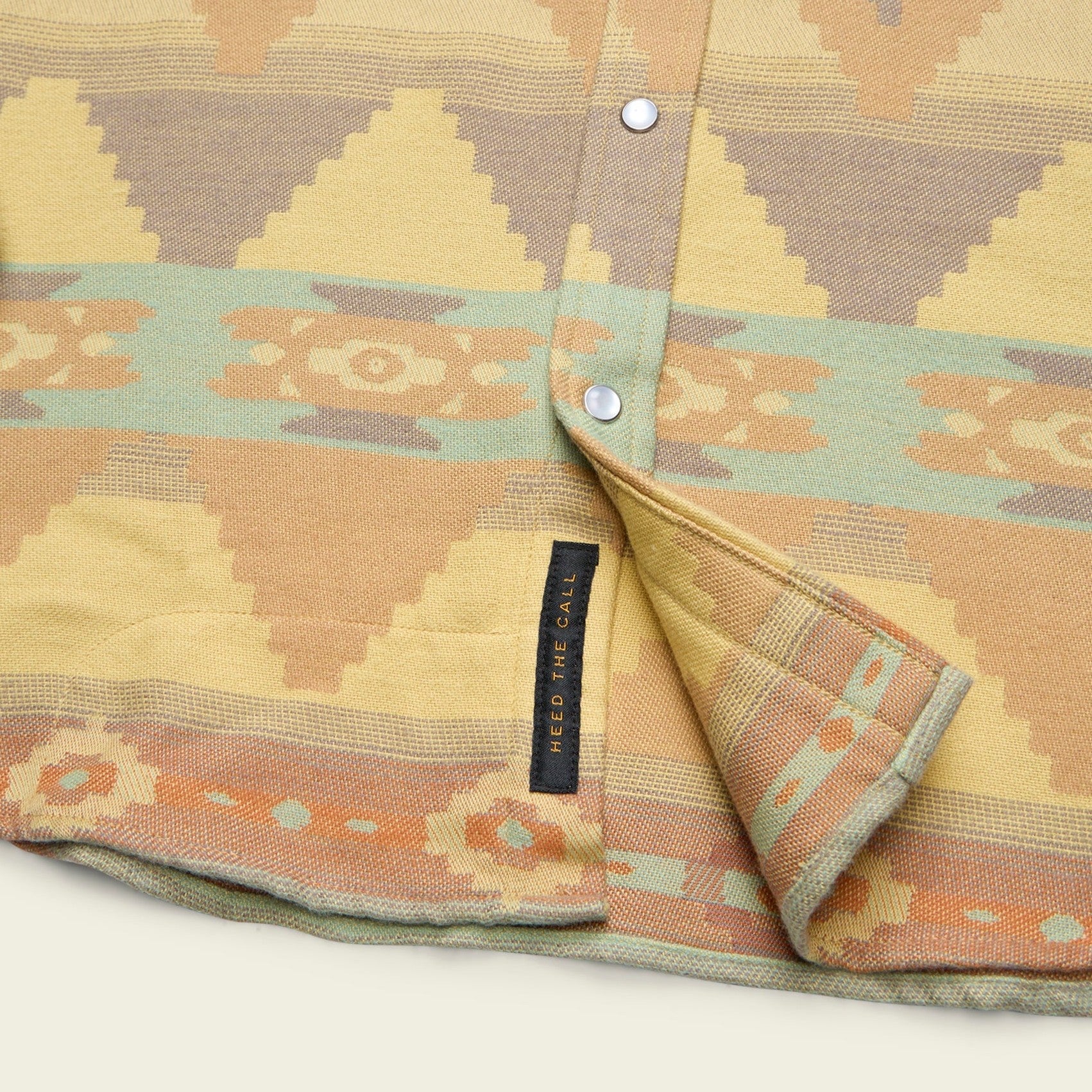 Roper's Clothing print flannel shirt in Mitla Motifs: Old Gold, worn on model