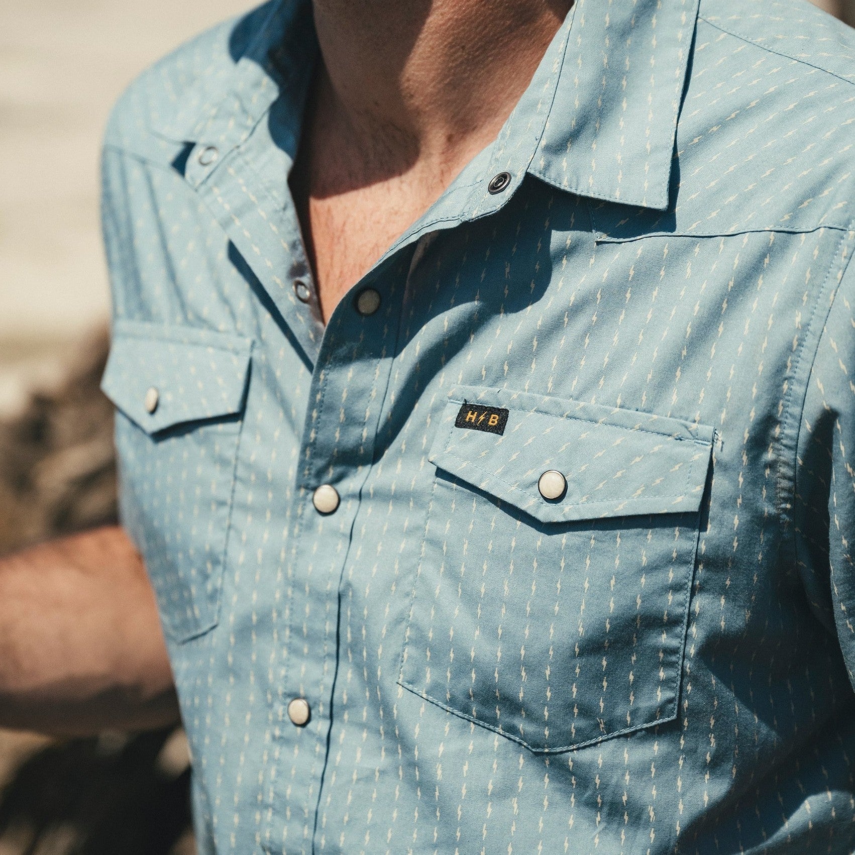 Roper's Clothing print cotton pearl snap shirt in Power Lines: Smoke Blue, back view