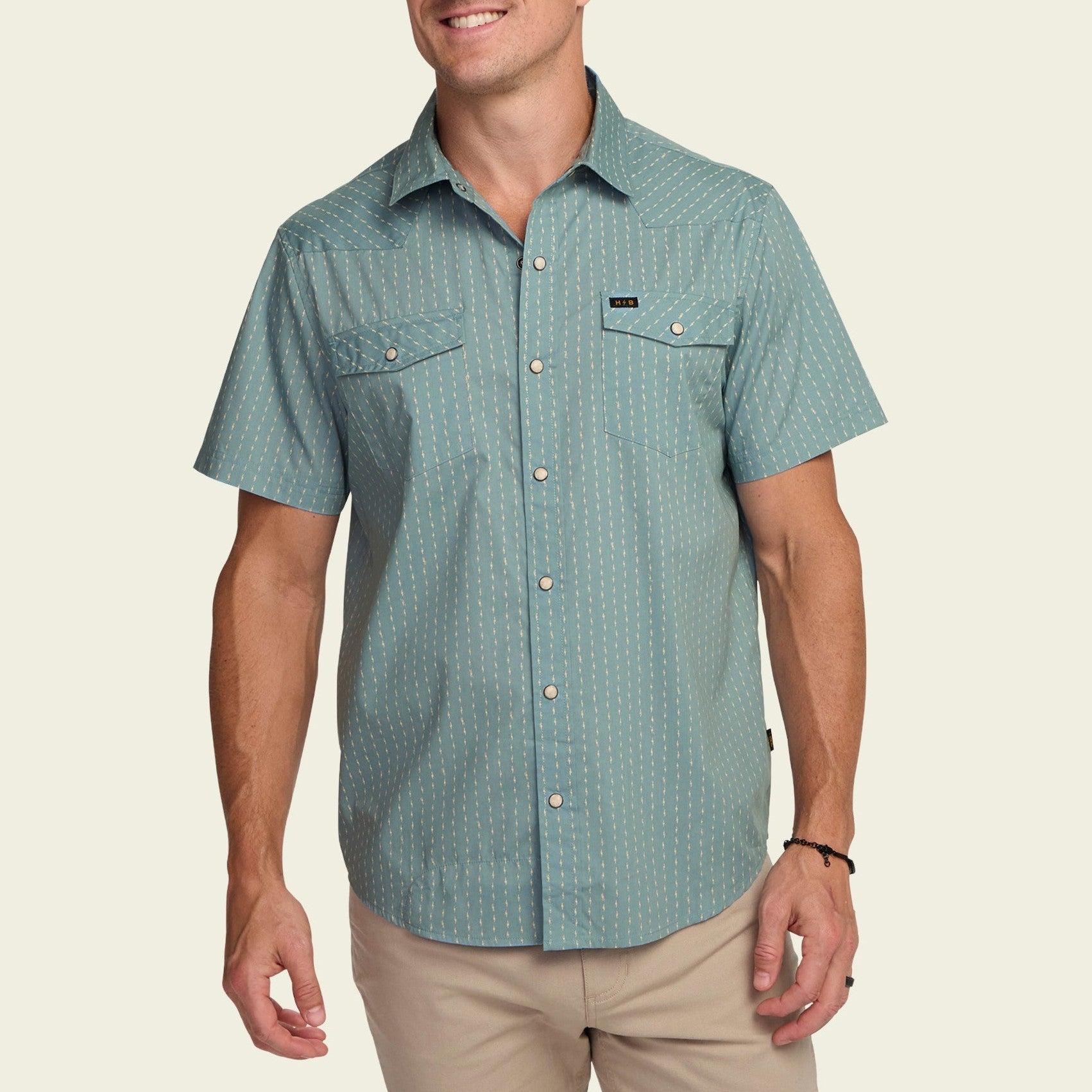 Roper's Clothing print cotton pearl snap shirt in Power Lines: Smoke Blue, cuff and sleeve detail