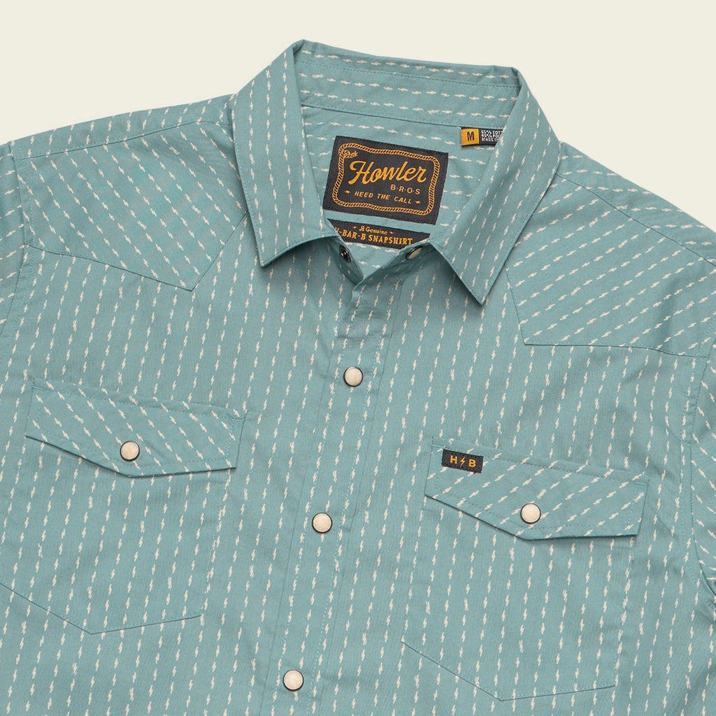 Roper's Clothing print cotton pearl snap shirt in Power Lines: Smoke Blue, placket and yoke detail