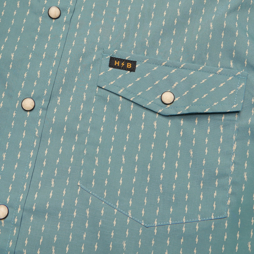 Roper's Clothing print cotton pearl snap shirt in Power Lines: Smoke Blue, worn on model