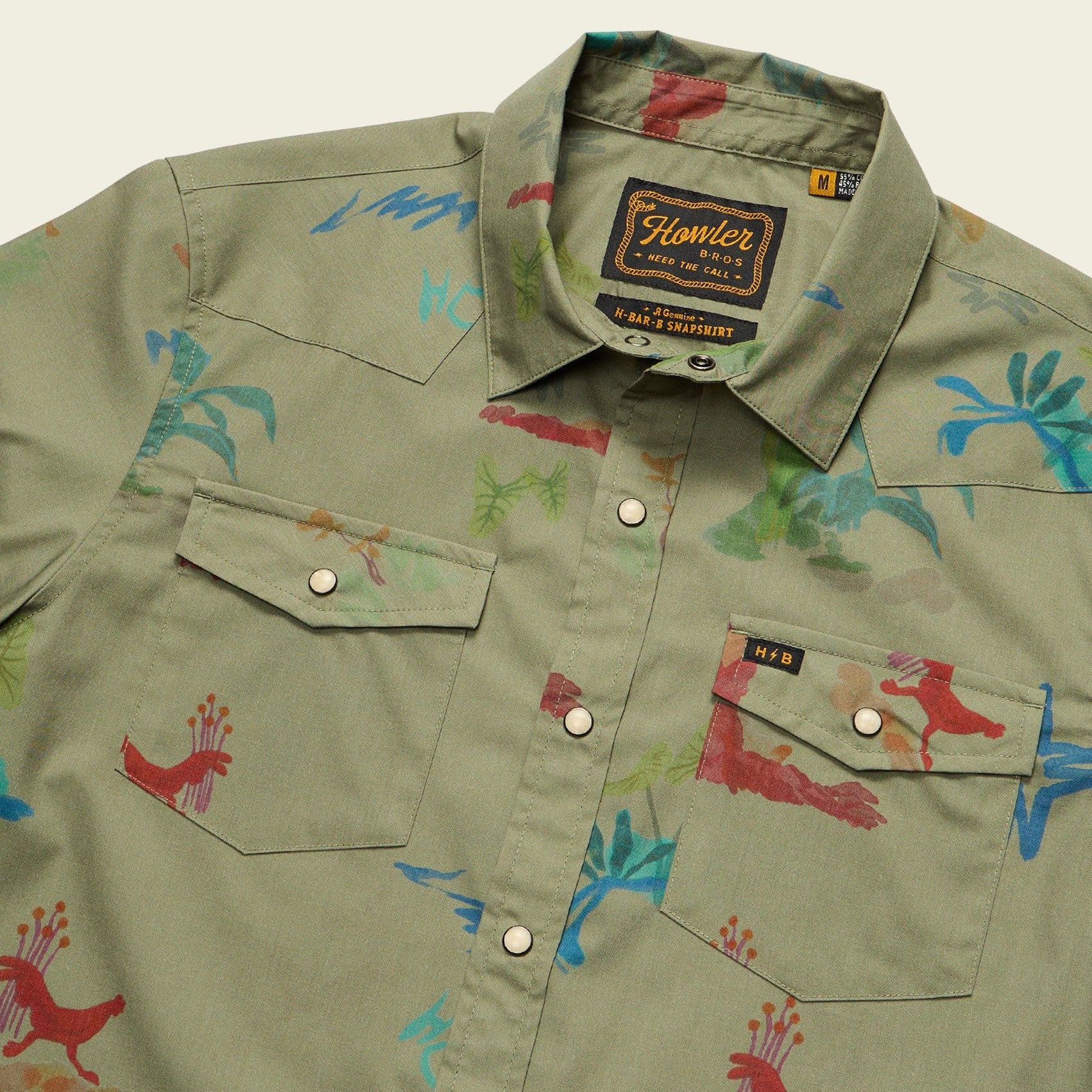 Roper's Clothing print cotton pearl snap shirt in Vision Quest: Olive, placket and yoke detail