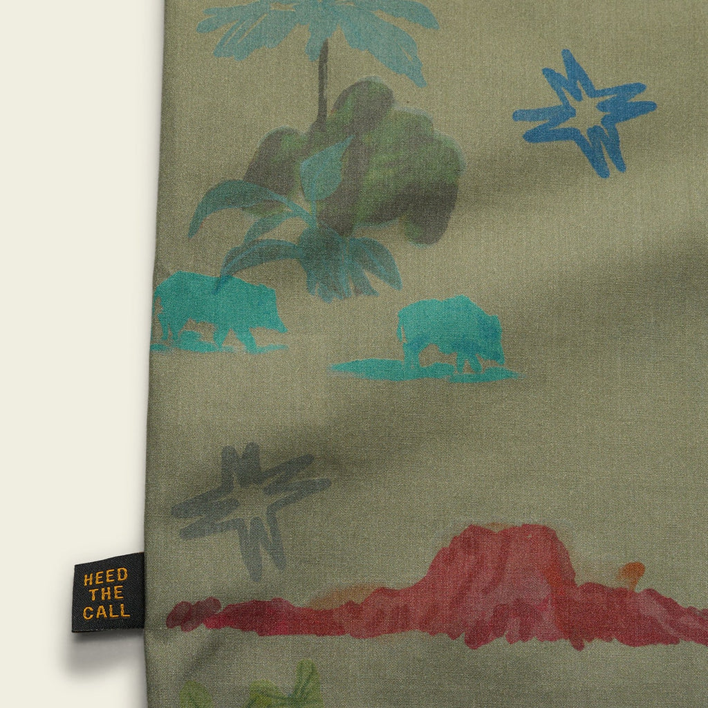 Roper's Clothing print cotton pearl snap shirt in Vision Quest: Olive, worn on model