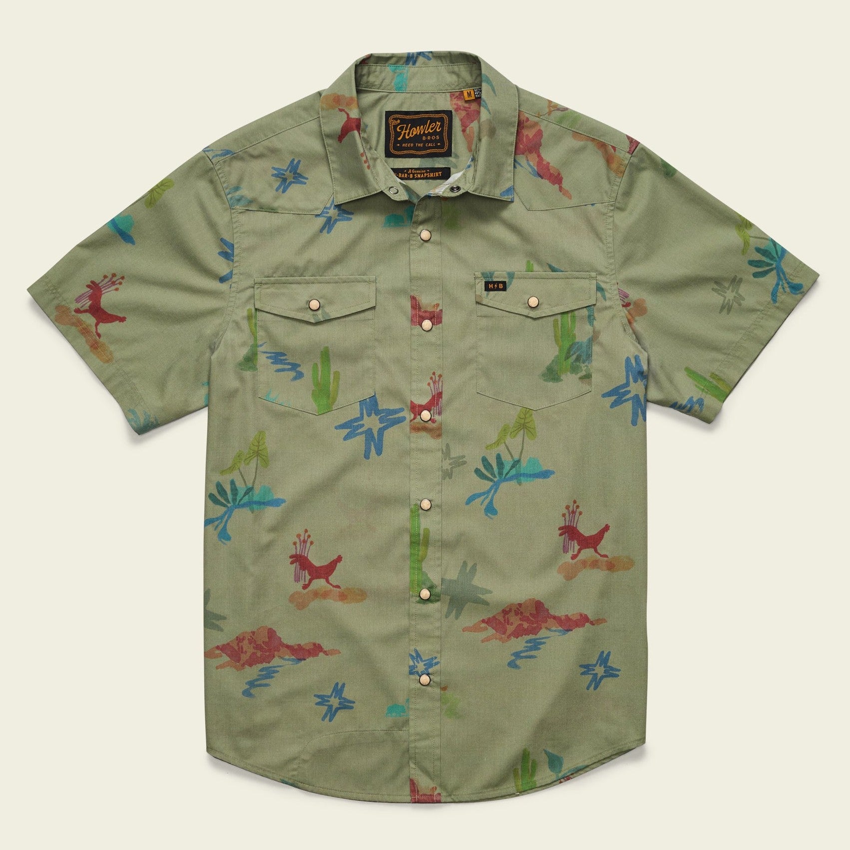 Roper's Clothing print cotton pearl snap shirt in Vision Quest: Olive, front view