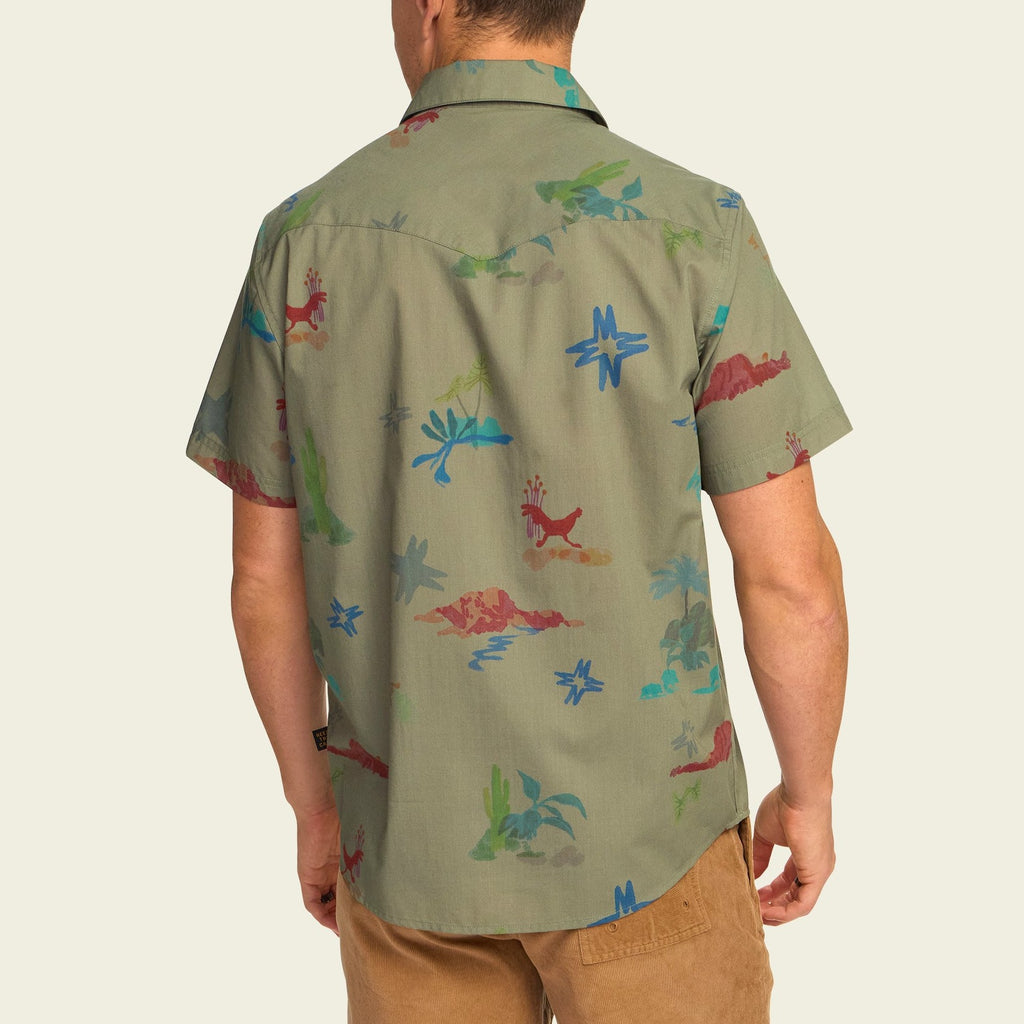 Roper's Clothing print cotton pearl snap shirt in Vision Quest: Olive, fabric close-up