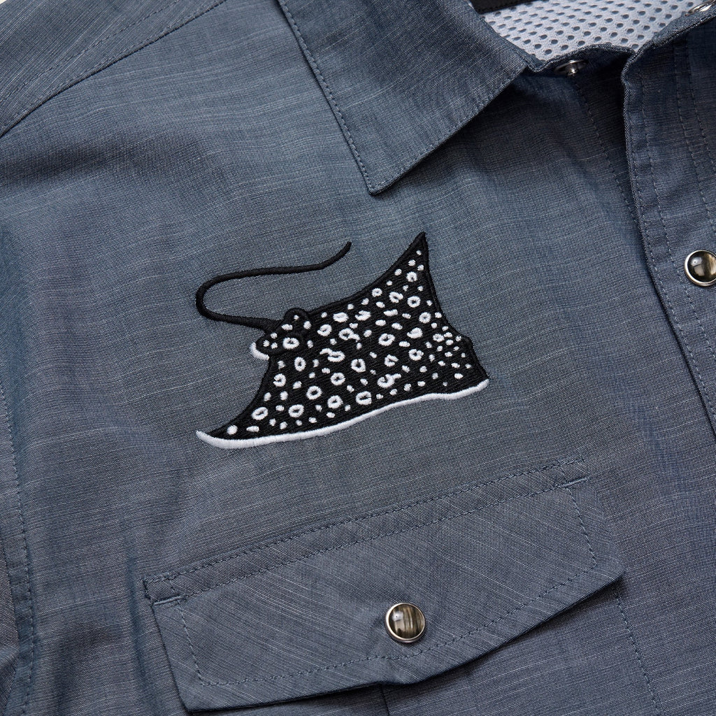 Roper's Clothing print performance knit western snap shirt in Patrolling Rays, fabric close-up