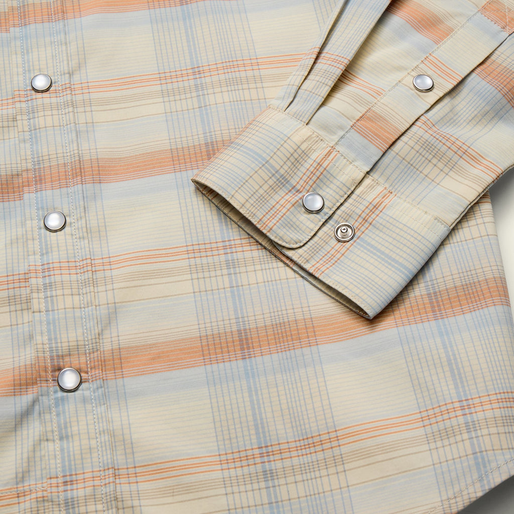 Roper's Clothing plaid performance snap shirt in Cameron Plaid: Cream, fabric close-up