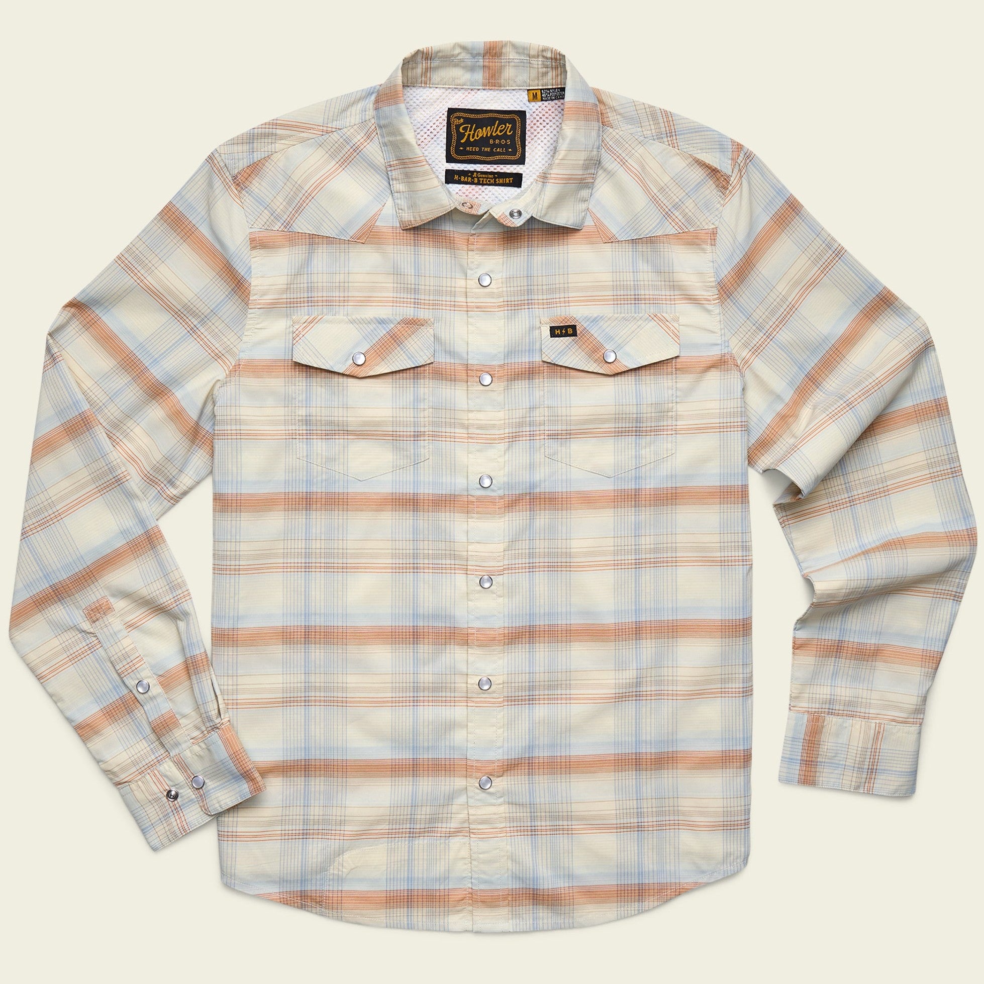 Roper's Clothing plaid performance snap shirt in Cameron Plaid: Cream, front view