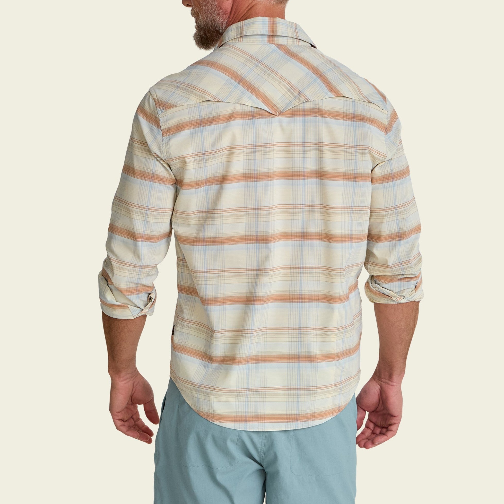Roper's Clothing plaid performance snap shirt in Cameron Plaid: Cream, worn on model