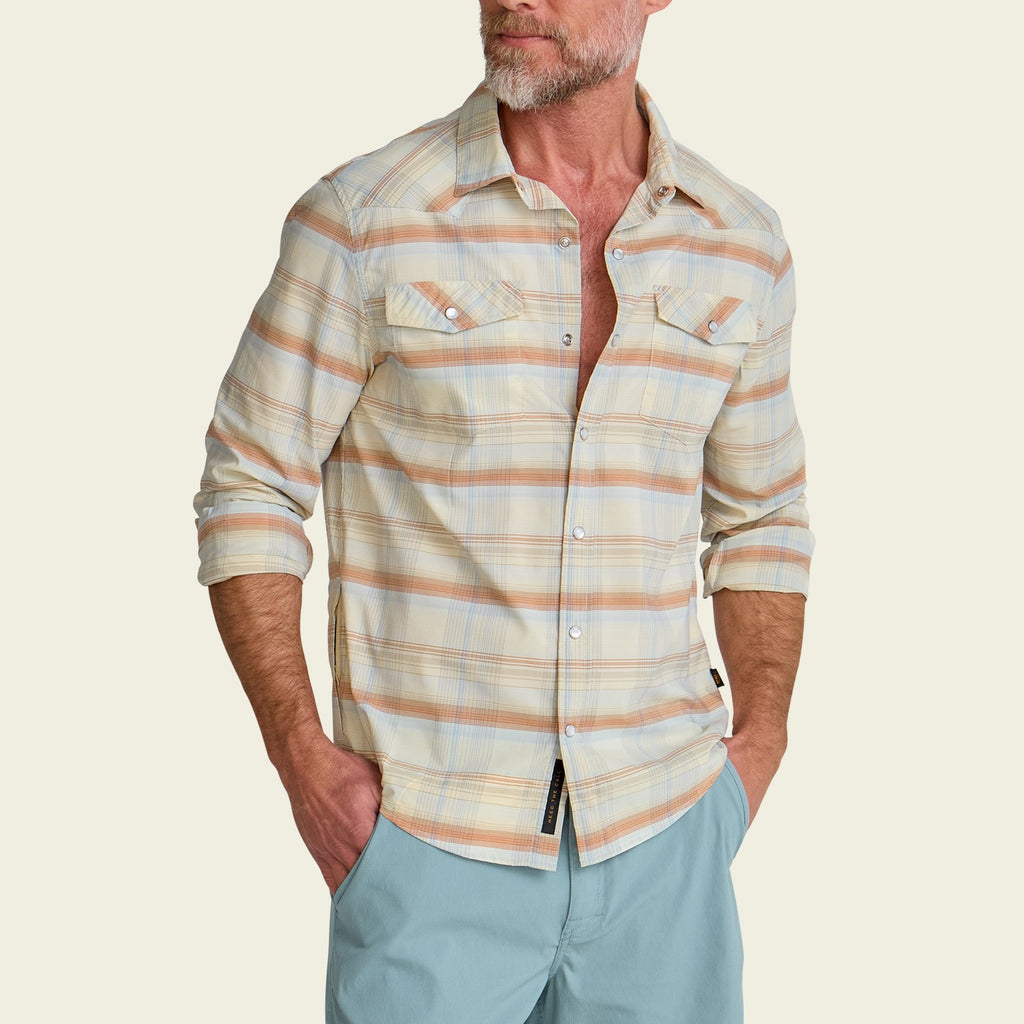 Roper's Clothing plaid performance snap shirt in Cameron Plaid: Cream, cuff and sleeve detail