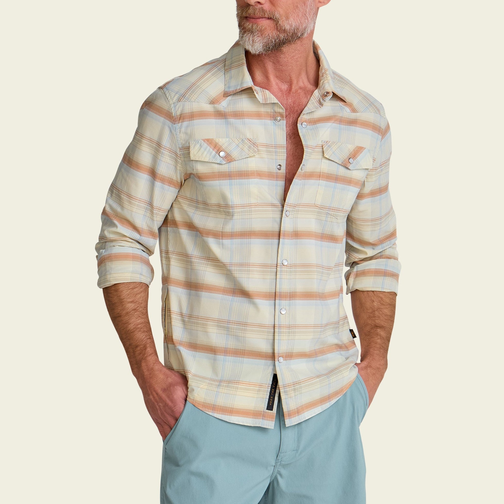Roper's Clothing plaid performance snap shirt in Cameron Plaid: Cream, cuff and sleeve detail
