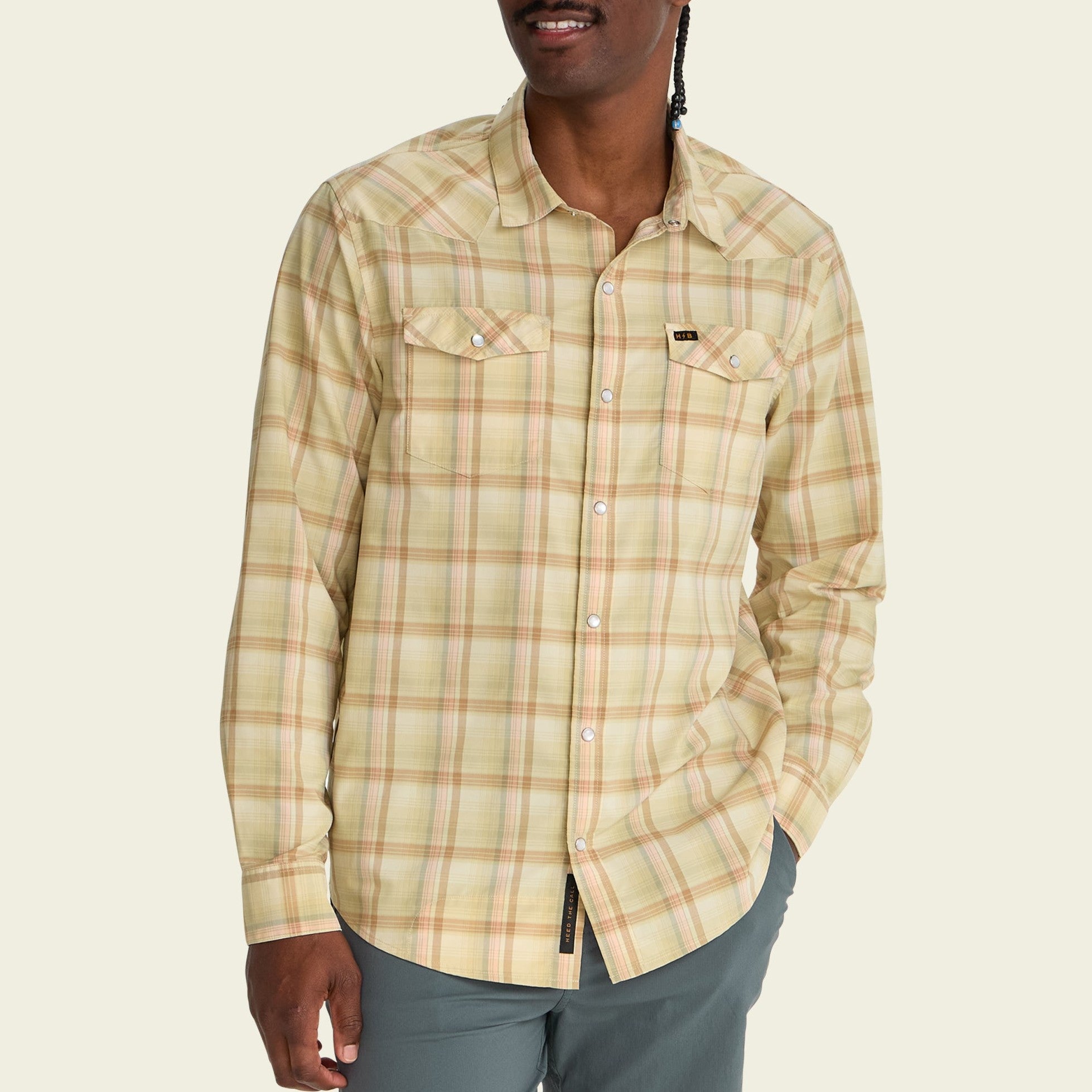 Roper's Clothing plaid performance snap shirt in Isley Plaid: Hemp, cuff and sleeve detail