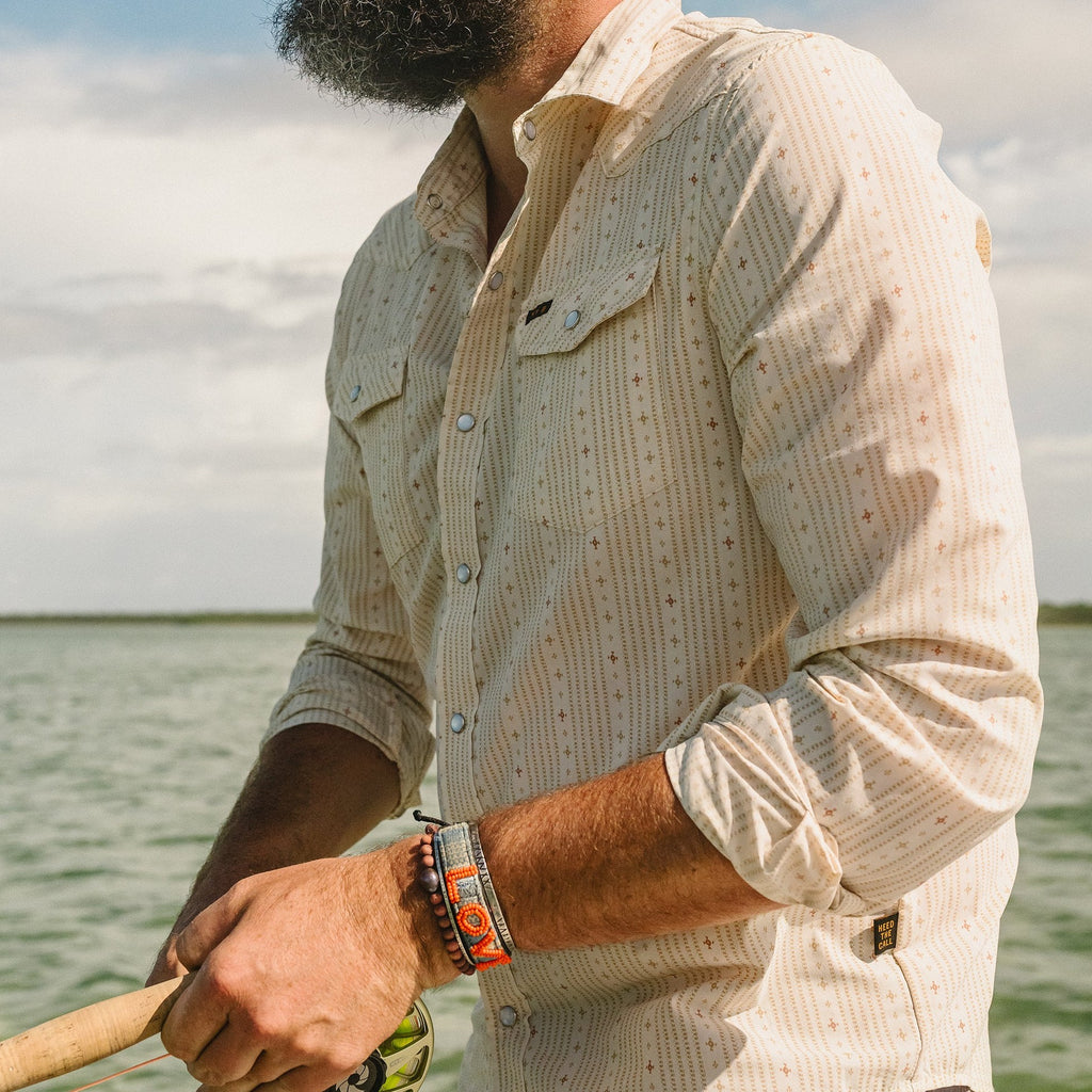 Roper's Clothing stripe performance snap shirt in Supernova Stripe: Leche, chest pocket detail