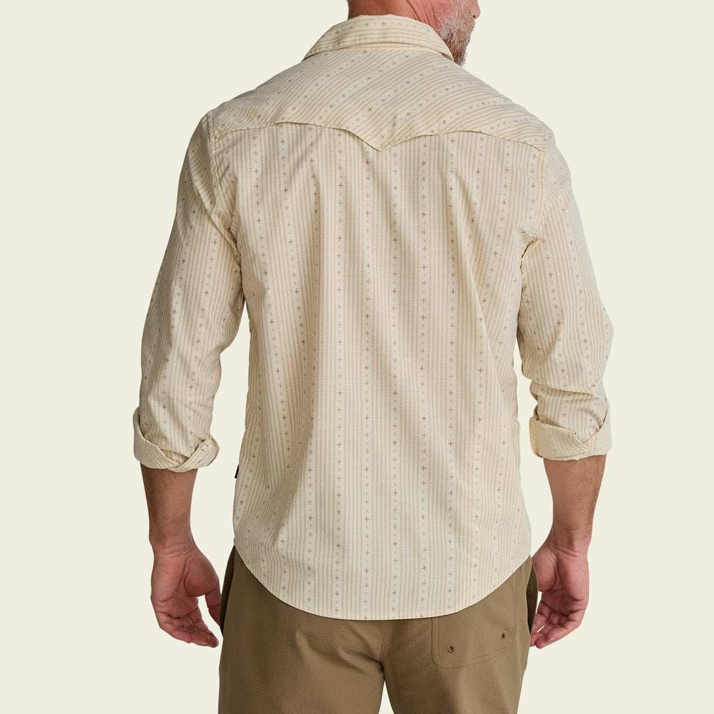 Roper's Clothing stripe performance snap shirt in Supernova Stripe: Leche, worn on model