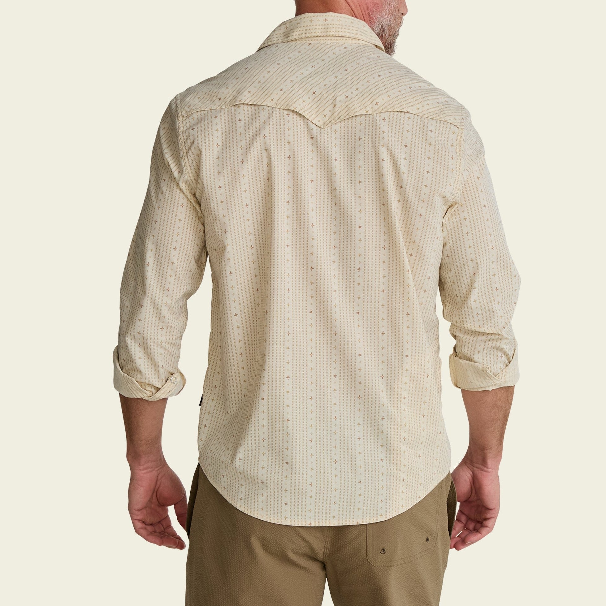 Roper's Clothing stripe performance snap shirt in Supernova Stripe: Leche, worn on model