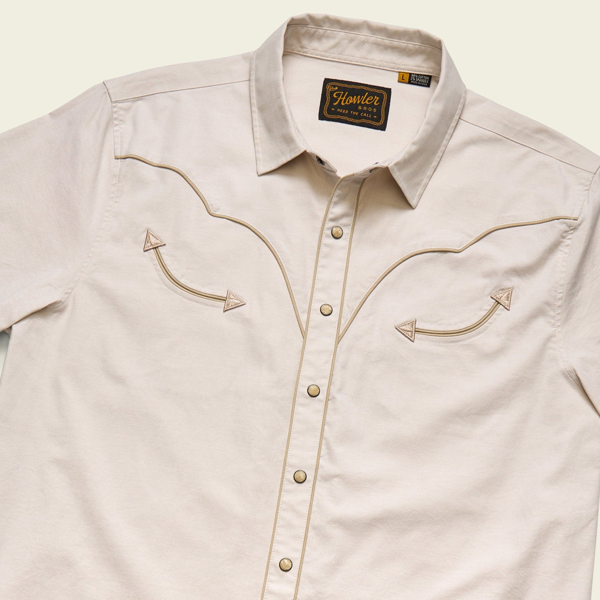 Roper's Clothing solid cotton western snap shirt in Sand, placket and yoke detail