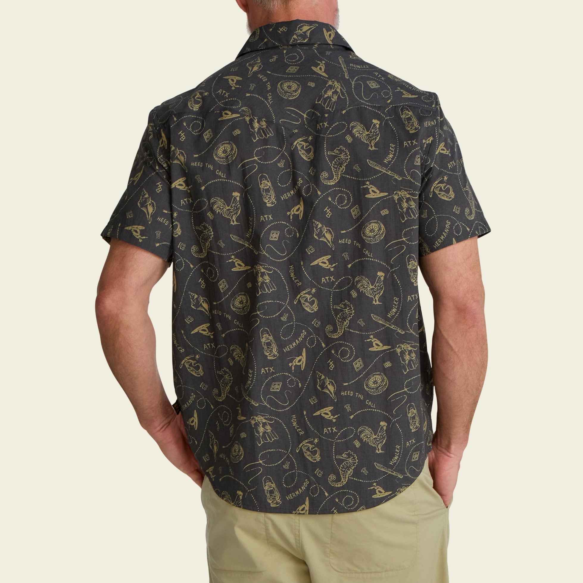 Roper's Clothing print cotton pearl snap shirt in Sea Rodeo: Antique Black, worn on model
