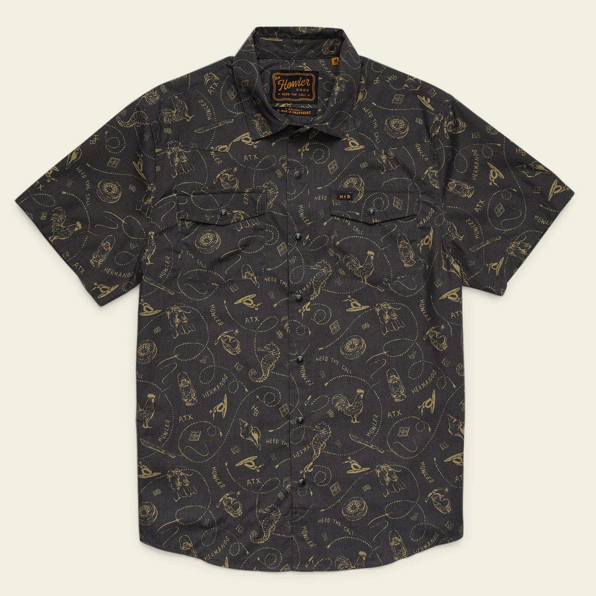 Roper's Clothing print cotton pearl snap shirt in Sea Rodeo: Antique Black, front view