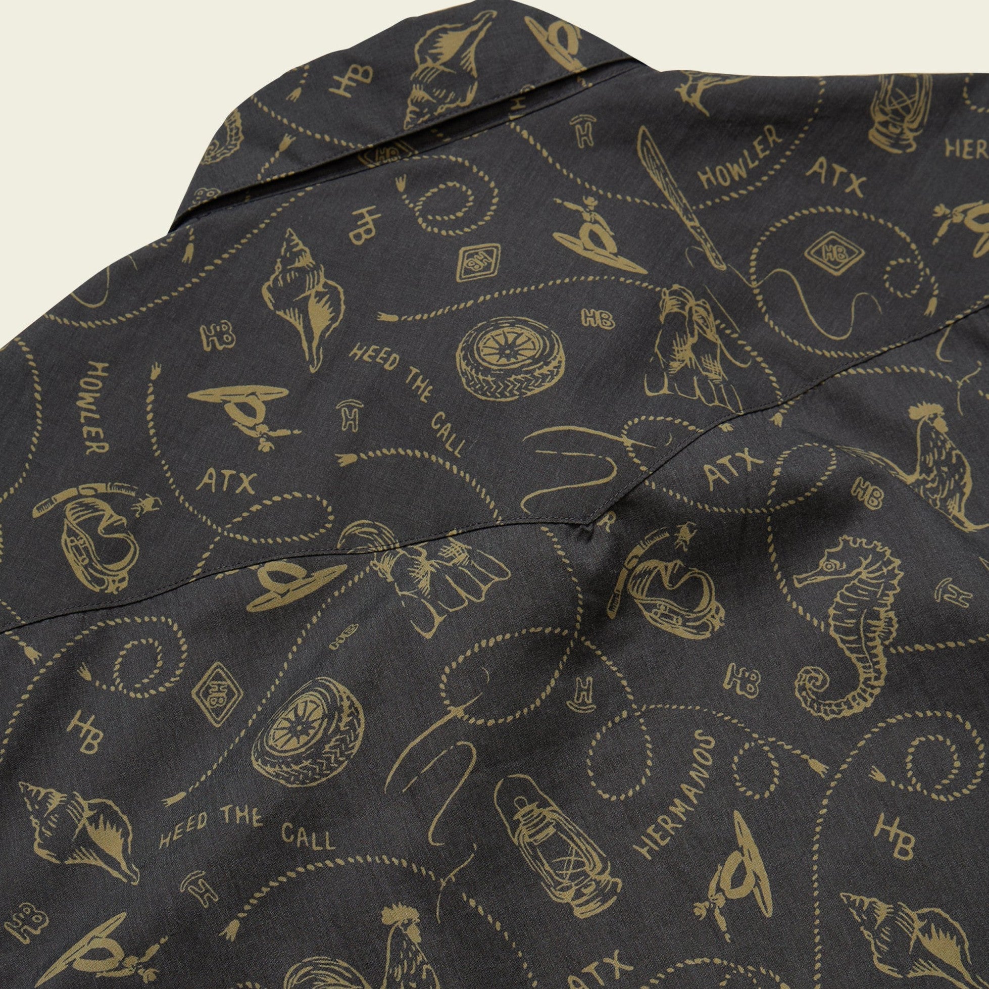 Roper's Clothing print cotton pearl snap shirt in Sea Rodeo: Antique Black, collar detail