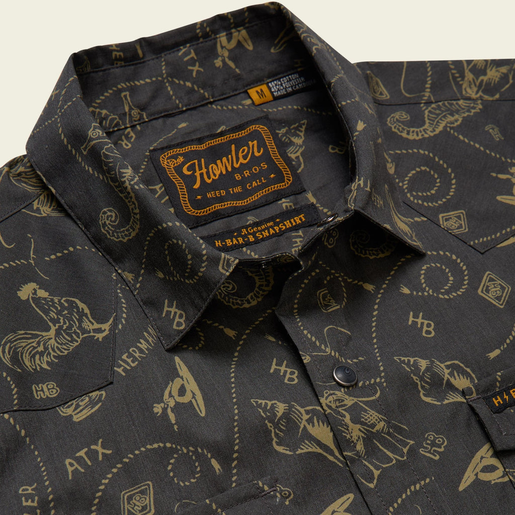 Roper's Clothing print cotton pearl snap shirt in Sea Rodeo: Antique Black, fabric close-up