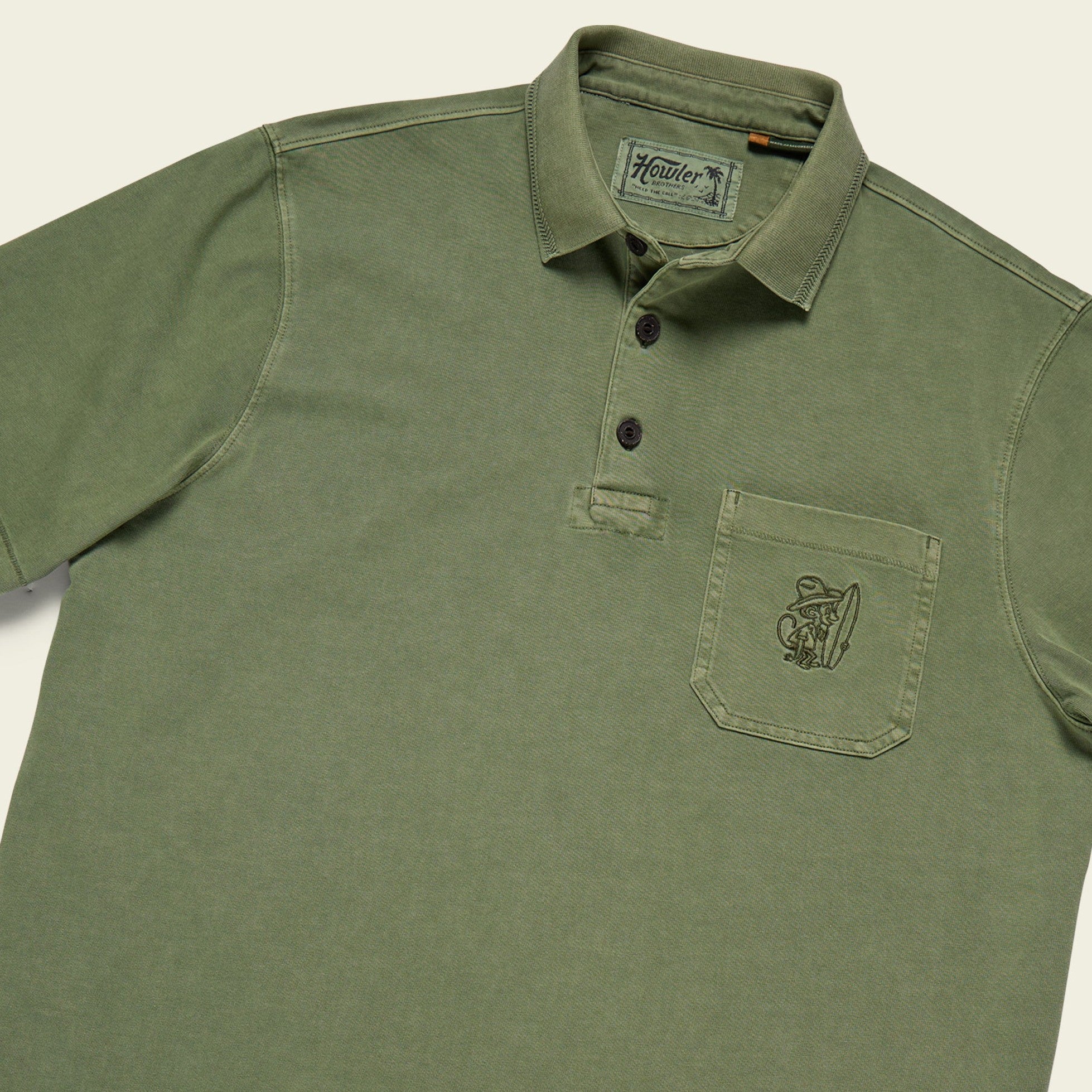 Roper's Clothing solid cotton polo in Jungle, placket and yoke detail