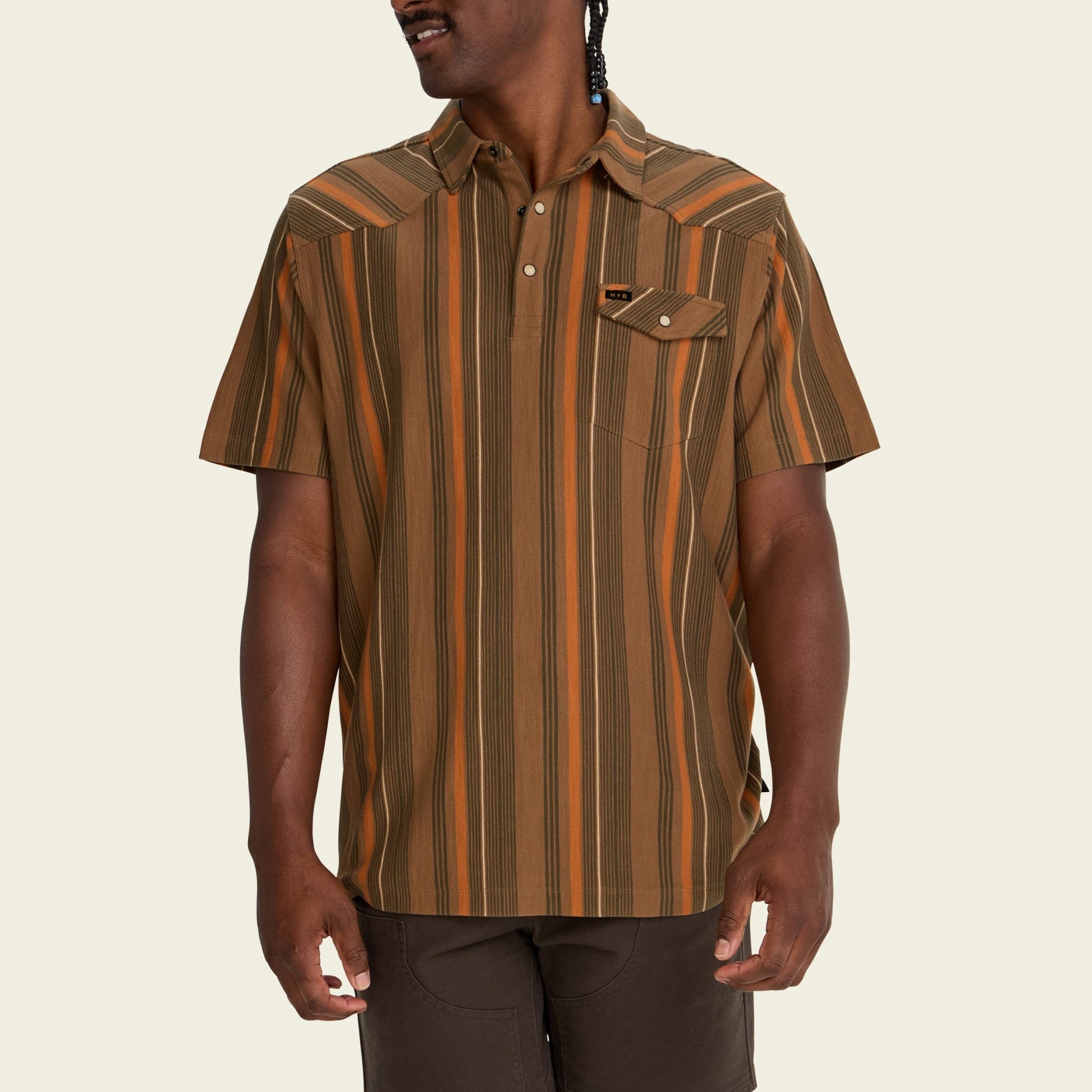 Roper's Clothing stripe cotton western polo in Old Bill Stripe: Otter, fabric close-up