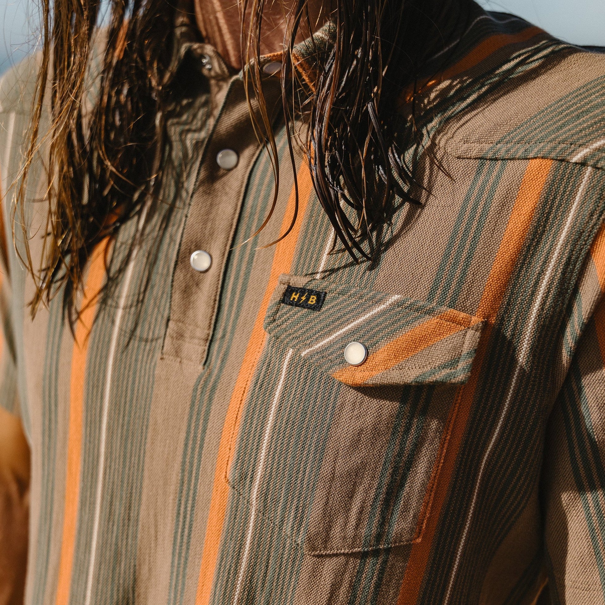 Roper's Clothing stripe cotton western polo in Old Bill Stripe: Otter, back view