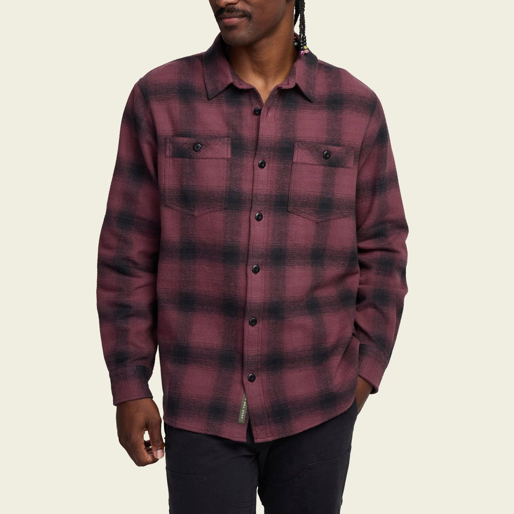 Roper's Clothing plaid flannel shirt in Emmett Plaid: Plum Wine, cuff and sleeve detail