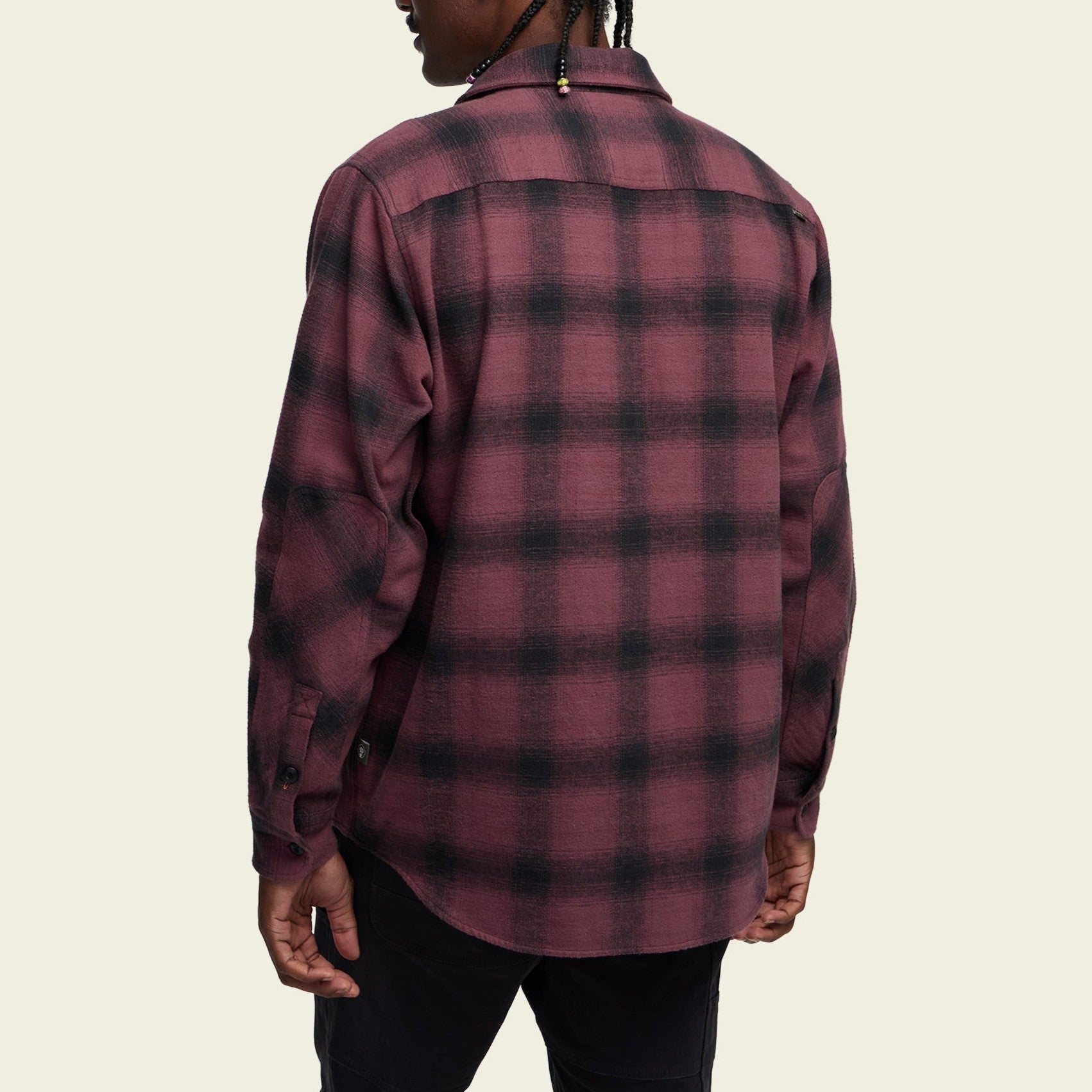 Roper's Clothing plaid flannel shirt in Emmett Plaid: Plum Wine, fabric close-up