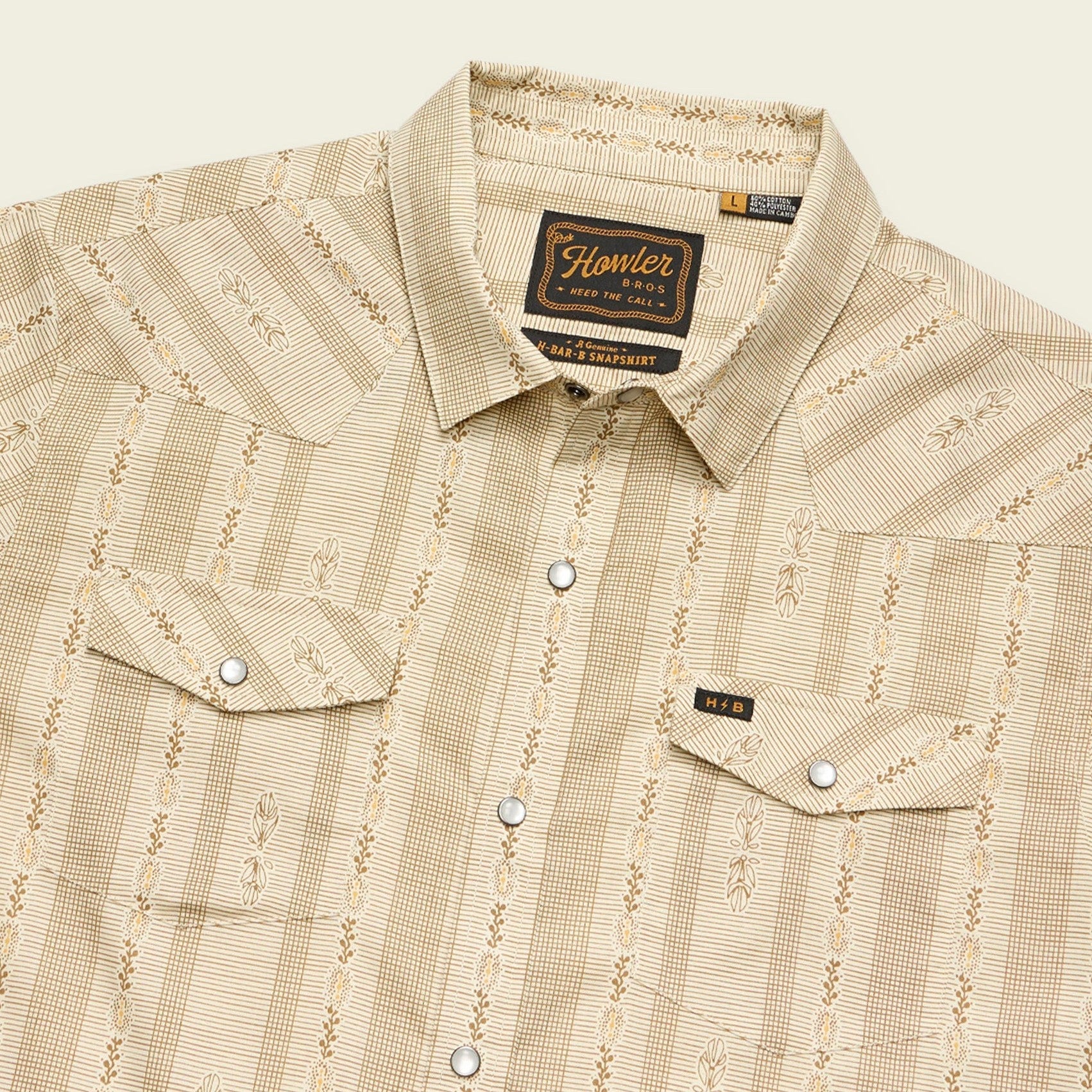 Roper's Clothing floral cotton pearl snap shirt in Prairie Garland: Dust, placket and yoke detail
