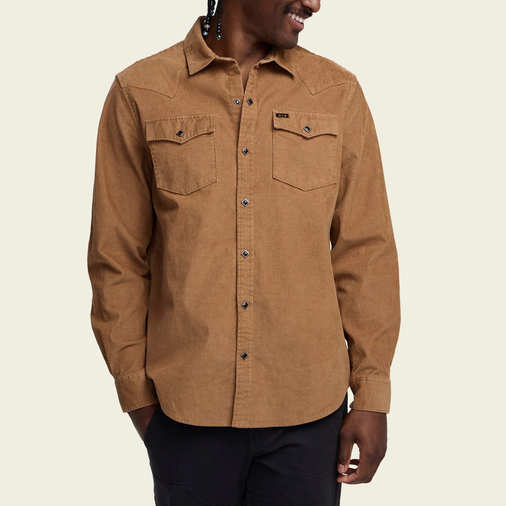 Roper's Clothing solid corduroy snap shirt in Duck Brown, cuff and sleeve detail