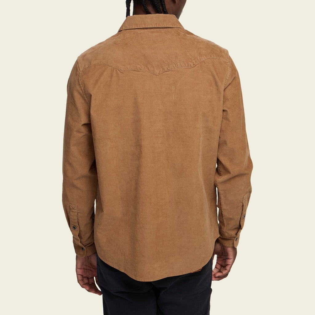Roper's Clothing solid corduroy snap shirt in Duck Brown, fabric close-up