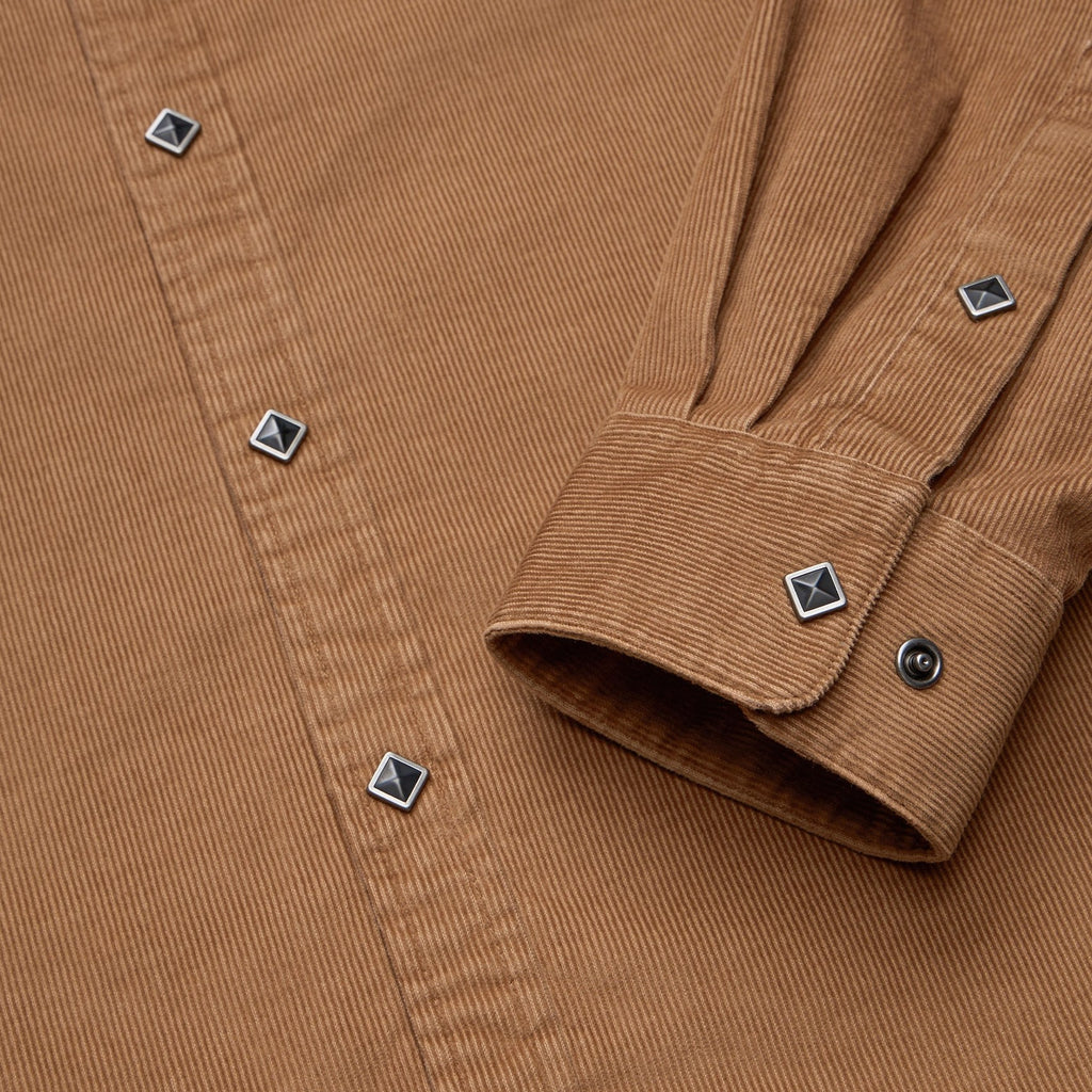 Roper's Clothing solid corduroy snap shirt in Duck Brown, worn on model