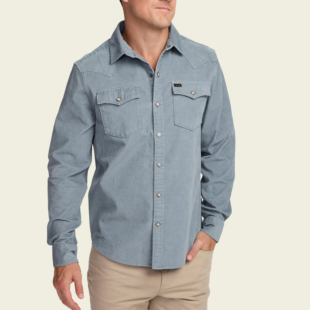 Roper's Clothing solid corduroy snap shirt in Iron Blue, cuff and sleeve detail