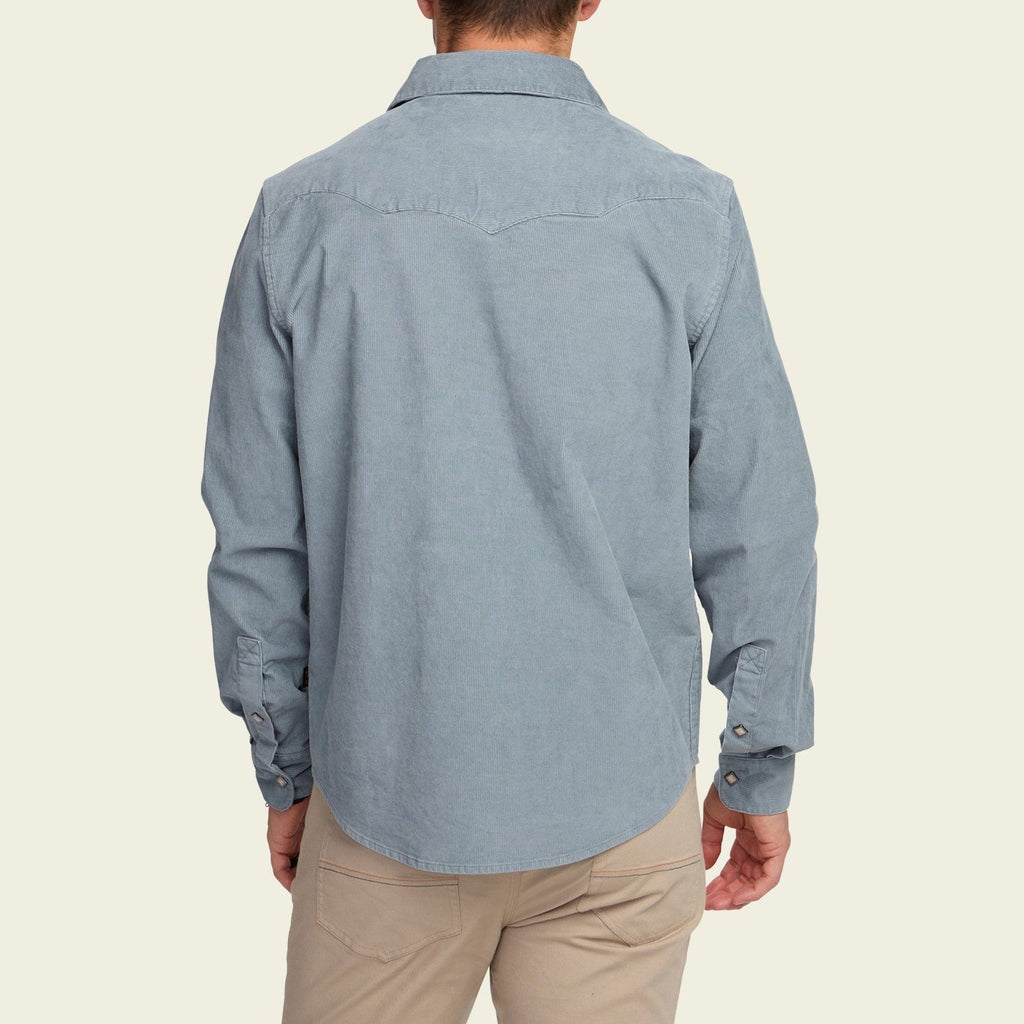Roper's Clothing solid corduroy snap shirt in Iron Blue, fabric close-up