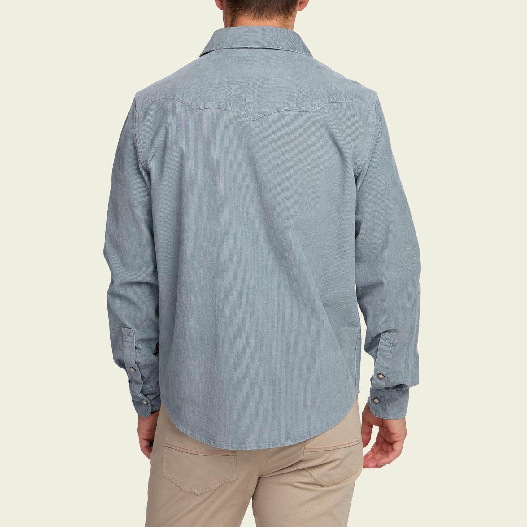 Roper's Clothing solid corduroy snap shirt in Iron Blue, fabric close-up